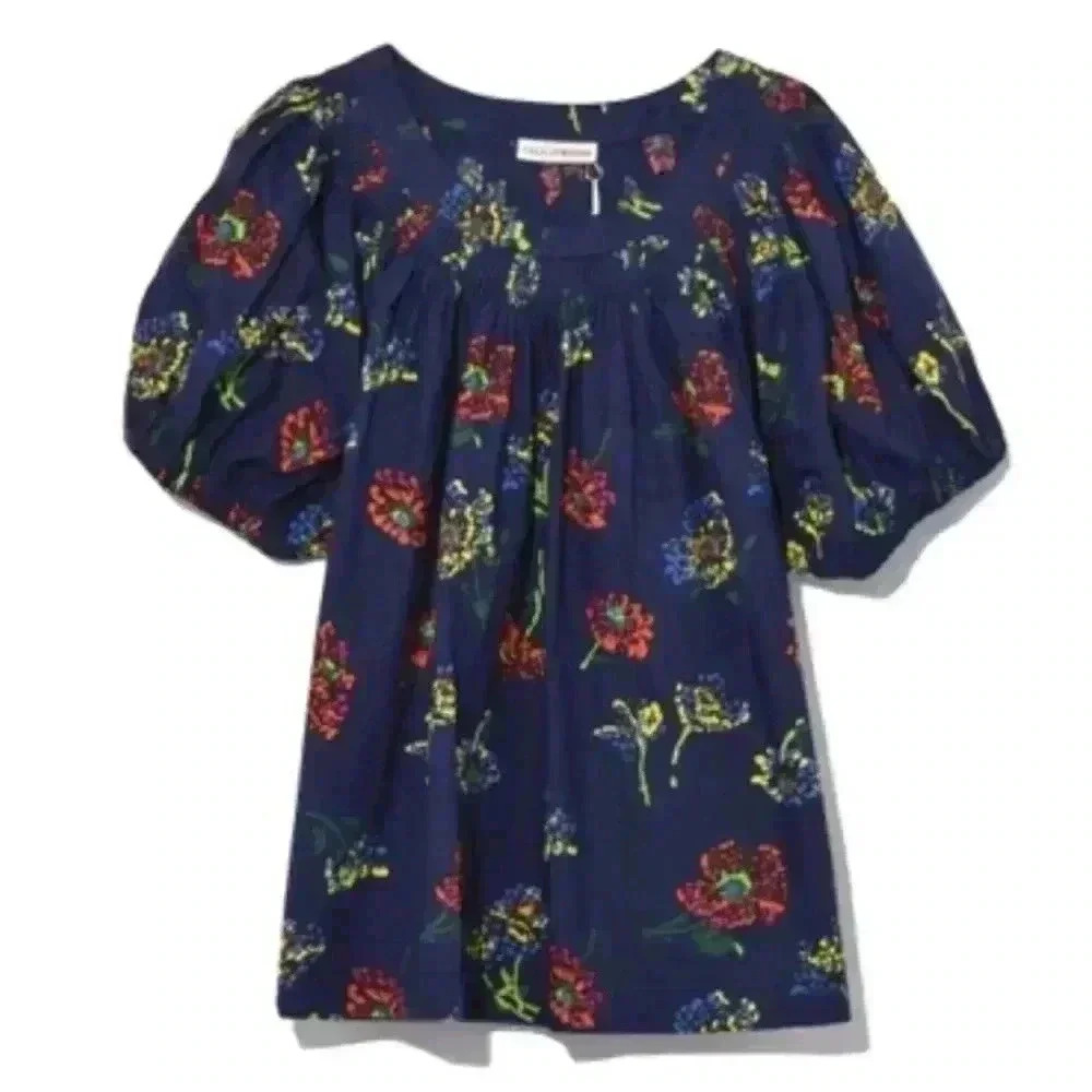 Ulla Johnson Joelle Poplin Puff Sleeve Midnight Blue Floral Top Blouse Size 0 XS - Picture 2 of 9